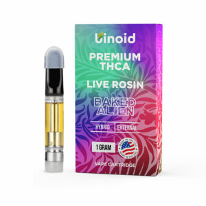 Binoid THCA live rosin vape cartridge with Baked Alien strain profile in 1g size