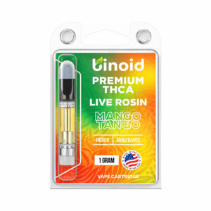 Binoid THCA live rosin vape cartridge with Mango Tango strain profile in 1g size