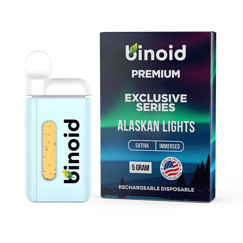 Binoid THCa Delta 9P Live Resin disposable with a stimulating Sativa Alaskan Lights strain profile in 5g size