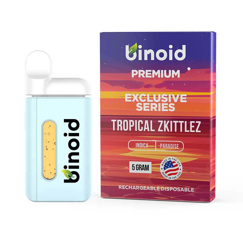 Binoid THCa Delta 9P Live Resin disposable with a relaxing Indica Tropical Zkittlez strain profile in 5g size