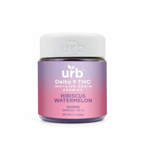 Urb gourmet D9:HHC Live Resin gummies with hibiscus watermelon flavor in a 25mg per service size with 20 pieces per container