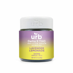 Urb gourmet D9:HHC Live Resin gummies with lavender lemonade flavor in a 25mg per service size with 20 pieces per container
