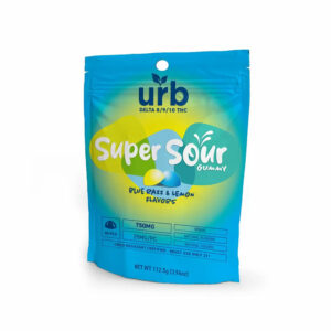 Urb D8/D9/D10 Super Sour gummies with Blue Razz and Lemon flavors in a 25mg per service size with 30 pieces per container