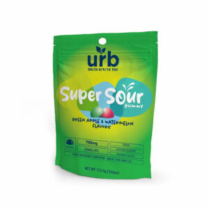 Urb D8/D9/D10 Super Sour gummies with Green Apple and Watermelon flavors in a 25mg per service size with 30 pieces per container