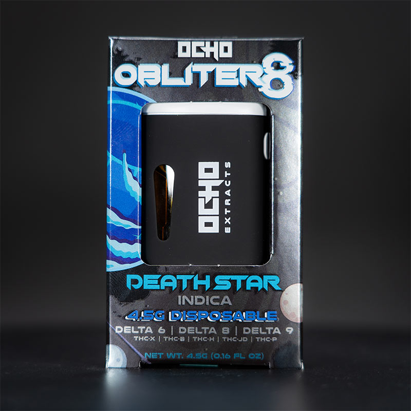 Ocho Extracts Obliter8 Live Resin 4.5g Disposable vape with Death Star strain profile