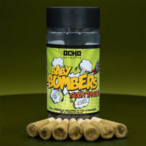 Ocho THCA baby bombers pre-rolls infused THCA liquid diamonds, Delta-8, CBG and CBG in a 7-pack of 0.7g pre-rolls with a Sour Tangie strain.