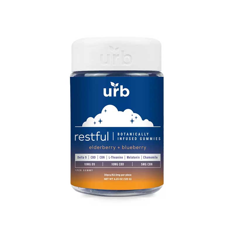 Urb Restful Botanically Infused 1875mg gummies with Elderberry and Blueberry flavor in a 62.5mg per serving size with 30 pieces per container.