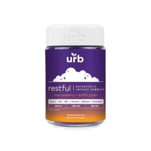 Urb Restful Botanically Infused 1875mg gummies with Marionberry and Kaffir Plum flavor in a 62.5mg per serving size with 30 pieces per container.