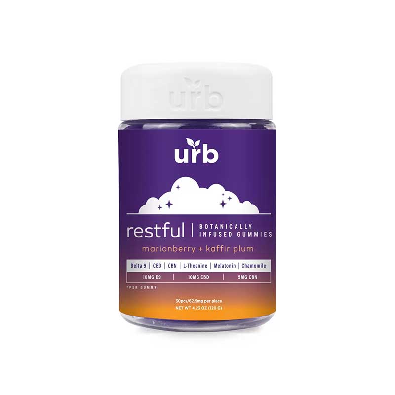 Urb Restful Botanically Infused 1875mg gummies with Marionberry and Kaffir Plum flavor in a 62.5mg per serving size with 30 pieces per container.