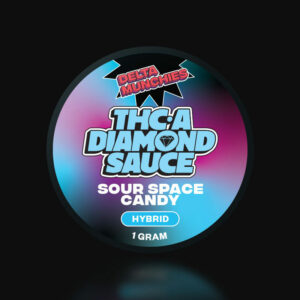 Delta Munchies THCA Diamond Sauce dabs in 1g container with Sour Space Candy Hybrid strain