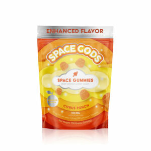 Space Gods Delta 9 gummies with 30mg Delta-9 THC and 30mg CBD per serving with Citrus Punch flavor