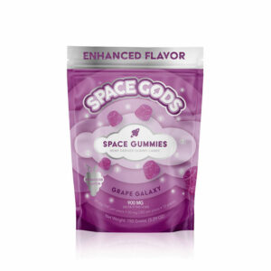 Space Gods Delta 9 gummies with 30mg Delta-9 THC and 30mg CBD per serving with Grape Galaxy flavor