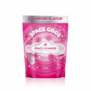 Space Gods Delta 9 gummies with 30mg Delta-9 THC and 30mg CBD per serving with Pink Lemonade flavor