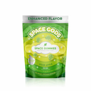Space Gods Delta 9 gummies with 30mg Delta-9 THC and 30mg CBD per serving with Sour Apple flavor