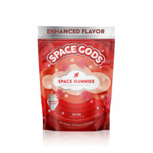 Space Gods Delta 9 gummies with 30mg Delta-9 THC and 30mg CBD per serving with Strawberry Mango flavor