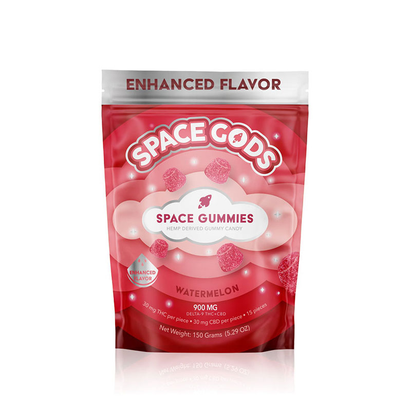 Space Gods Delta 9 gummies with 30mg Delta-9 THC and 30mg CBD per serving with Watermelon flavor