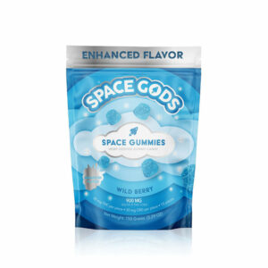 Space Gods Delta 9 gummies with 30mg Delta-9 THC and 30mg CBD per serving with Wild Berry flavor
