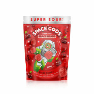 Space Gods Super Sour Space Heads Delta 9 gummies with 30mg Delta-9 THC and 30mg CBD per serving with Black Cherry flavor