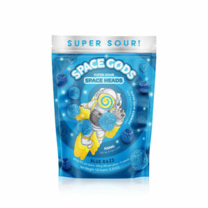Space Gods Super Sour Space Heads Delta 9 gummies with 30mg Delta-9 THC and 30mg CBD per serving with Blue Razz flavor