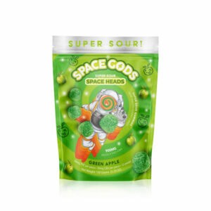 Space Gods Super Sour Space Heads Delta 9 gummies with 30mg Delta-9 THC and 30mg CBD per serving with Green Apple flavor