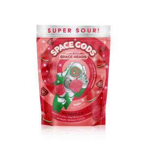 Space Gods Super Sour Space Heads Delta 9 gummies with 30mg Delta-9 THC and 30mg CBD per serving with Watermelon flavor