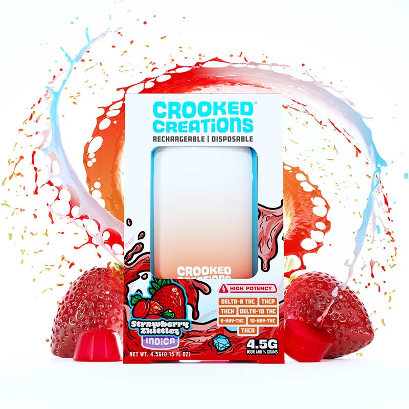Crooked Creations high potency live diamond bar 4.5g disposables with Delta-8, Delta-10, THCP, HXY9-THC, HXY10-THC and THCA Strawberry Zkittlez terpenes