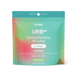 Urb THCA live sugar gummies with 200mg per serving of Delta 8 + THCa + THC-P + Delta-9 and Live Sugar with Guava Gelato terpenes.