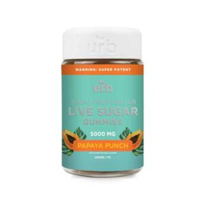 Urb THCA live sugar gummies with 200mg per serving of Delta 8 + THCa + THC-P + Delta-9 and Live Sugar with Papaya Punch terpenes.