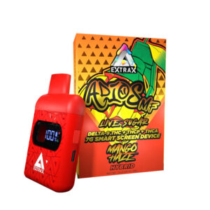 Delta Extrax Adios MF THCA + Delta-9 + THCP + Delta 8 THC Live Sugar Disposable vape with Mango Haze strain profile in 7ml size