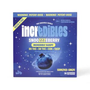 Urb x Incredibles Snooozzzeberry 1500mg gummies in a 50mg per serving size with 30 pieces per container.