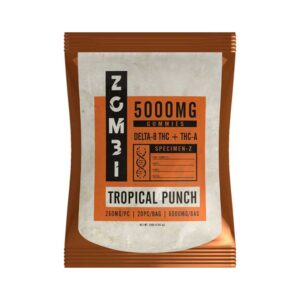 Zombi Specimen-Z THCA Tropical Punch flavored gummies with 250mg per piece of Delta-8 and THCA.