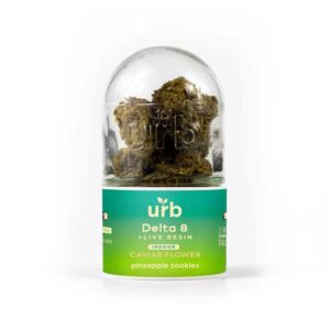 Urb delta-8 THC indoor caviar CBG hemp flower coated in kief with a Pineapple Cookies strain profile
