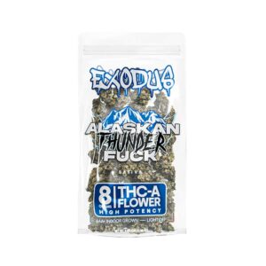 Exodus high potency thca hemp flower in a 8g bag with alaskan thunder fuck hybrid strain profile