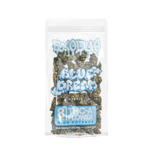 Exodus high potency thca flower in a 8g bag with blue dream hybrid strain profile