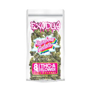 Exodus high potency thca flower in a 8g bag with rainbow gelato indica strain profile