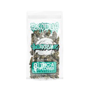 Exodus high potency thca hemp flower in a 8g bag with slurricane indica strain profile