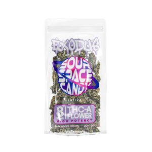 Exodus high potency thca hemp flower in a 8g bag with sour space candy sativa strain profile