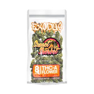 Exodus high potency thca flower in a 8g bag with sunset sherbet hybrid strain profile