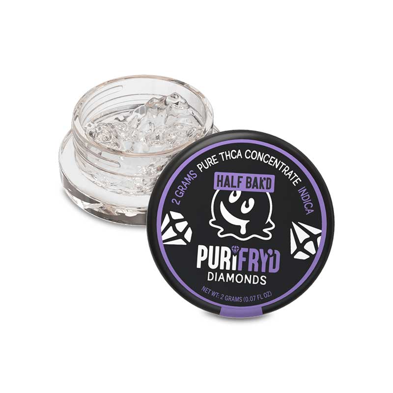 Half Bak'd Purifry'd THCA diamonds dab with Purple Urkel strain profile in 2g size