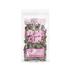 Exodus high potency thca flower in a 8g bag with bubblegum indica strain profile