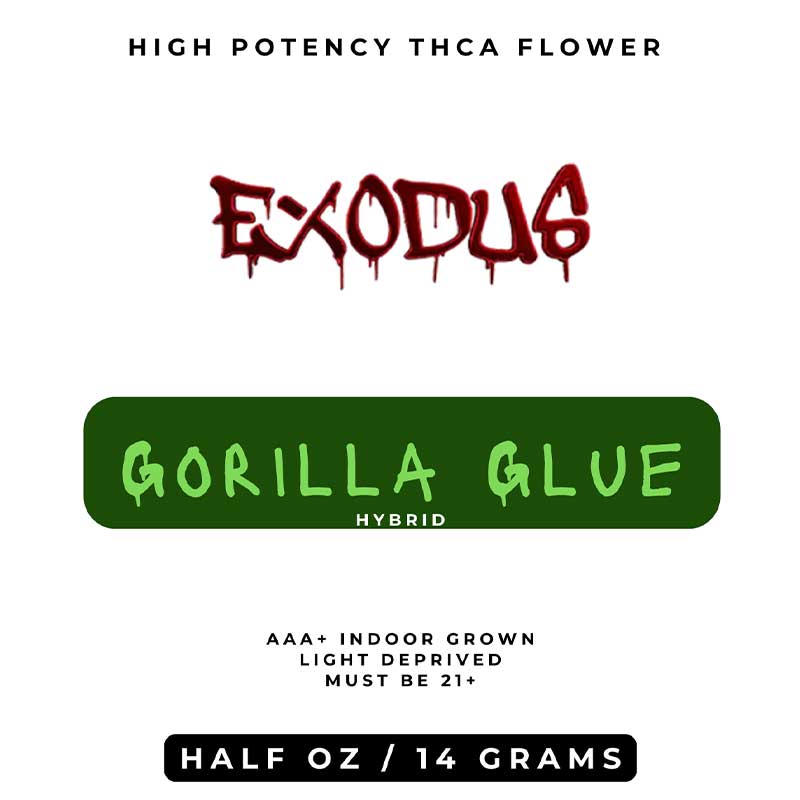 Exodus high potency thca flower with gorilla glue hybrid strain profile in a 14g (1/2oz) bag.