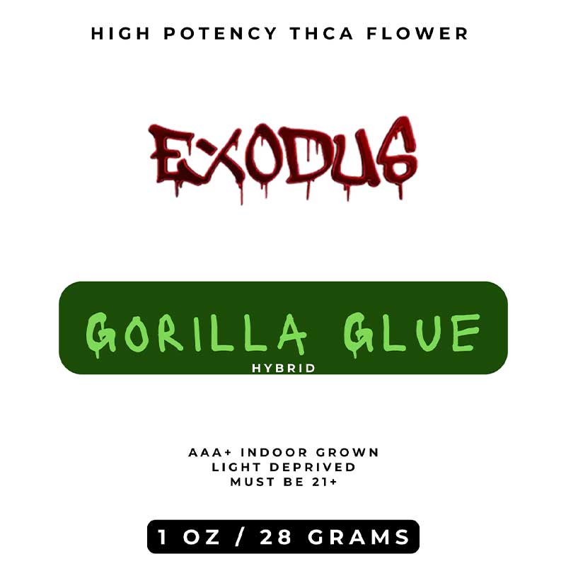 Exodus high potency thca flower with gorilla glue hybrid strain profile in a 28g (1oz) bag.
