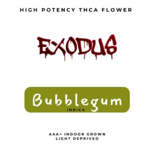Exodus high potency thca flower with bubblegum indica strain profile.