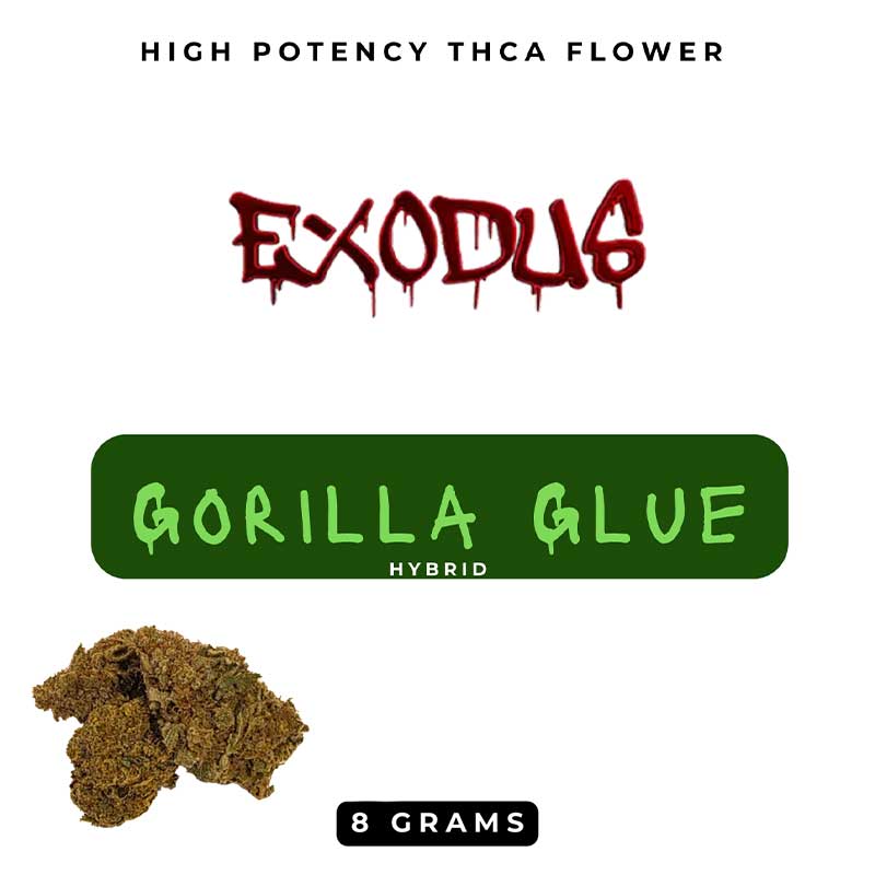 Exodus high potency thca flower with gorilla glue hybrid strain profile in a 8g bag.