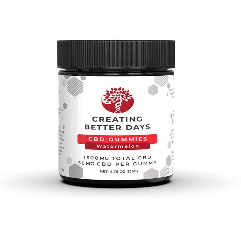 Creating Better Days CBD gummies with sweet watermelon flavor with 50mg CBD per gummy and 30 gummies per jar.