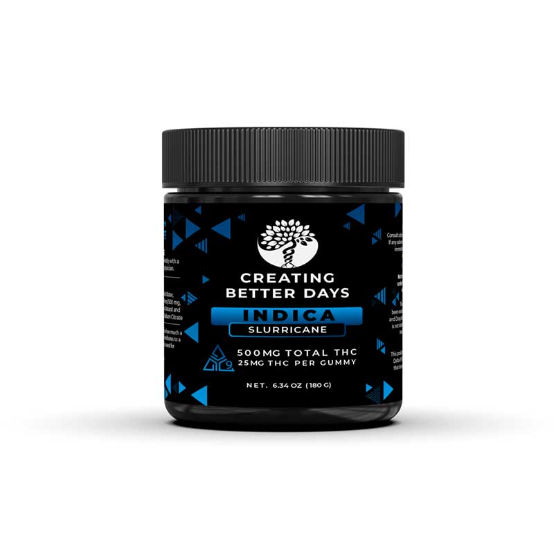 Creating Better Days CBD + Delta 9 gummies are perfectly balanced with 50% CBD and 50% Delta 9 with 1000mg per jar and a fruity Slurricane Indica gummy flavor.