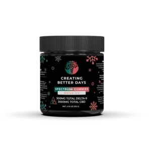 Creating Better Days Spectrum+ CBD + Delta 9 gummies are enhanced with full-spectrum CBD in a 10-to-1 ratio with 3300mg per jar and a melon and kolada flavor.