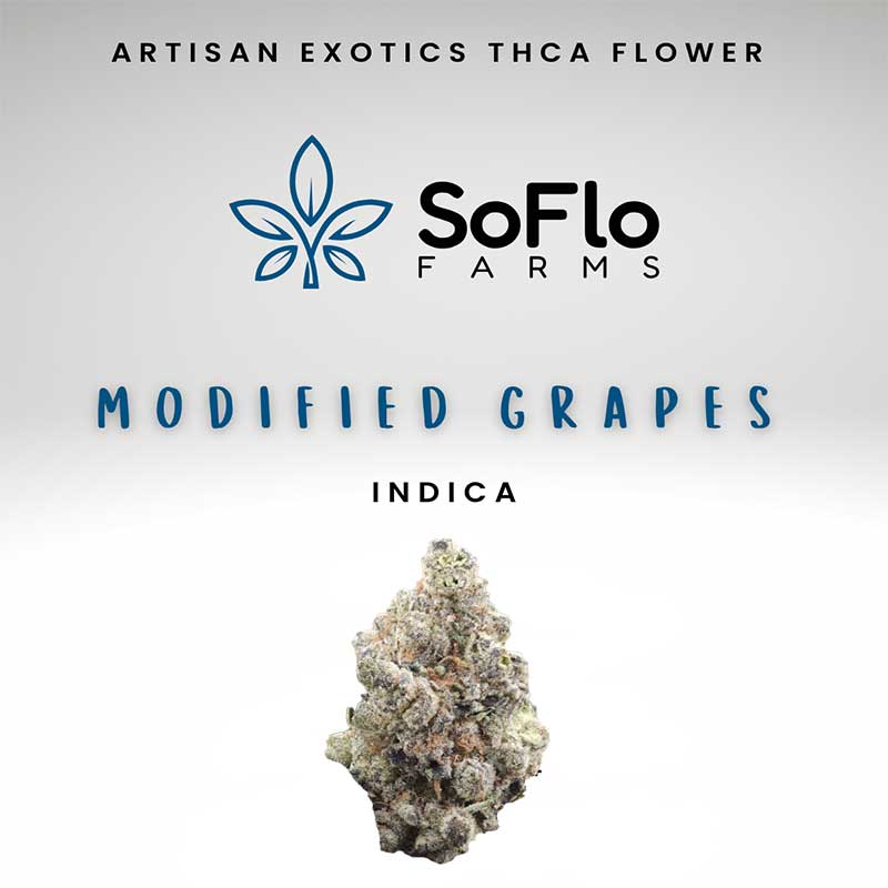 SoFlo Farms artisan exotics high potency thca flower with modified grapes indica strain profile