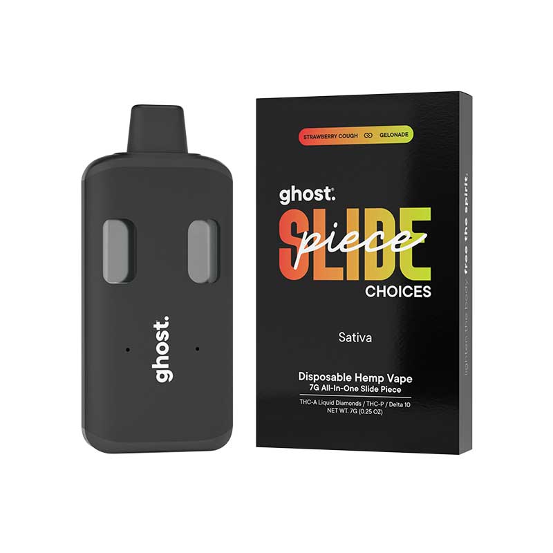 Ghost Slide Piece disposable vape with THCA, THCP and Delta-10 in a 7g size with Strawberry Cough and Gelonade Sativa terpenes.
